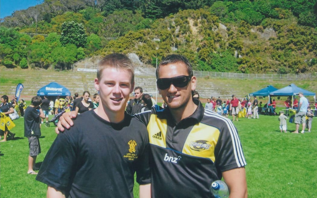 A young Luke Campbell with his then idol, Hurricanes first five Aaron Cruden.