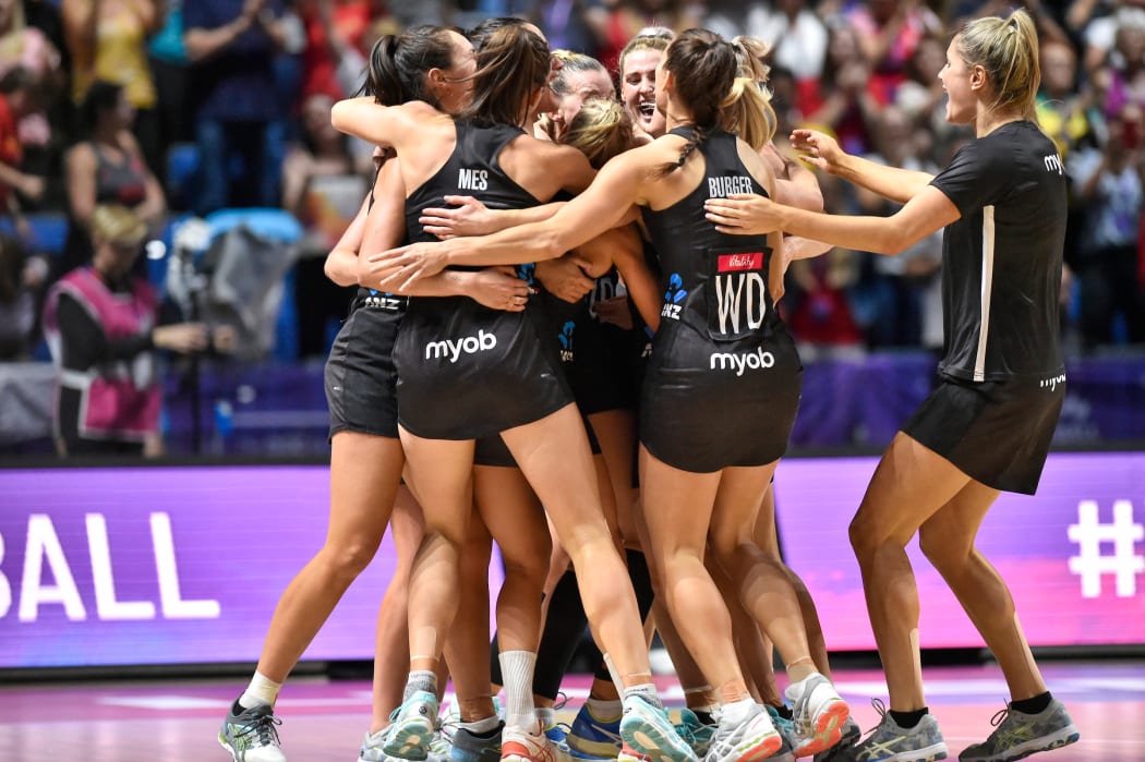 The Silver Ferns celebrate winning the Netball World Cup after their 52-51 victory over Australia in the final.