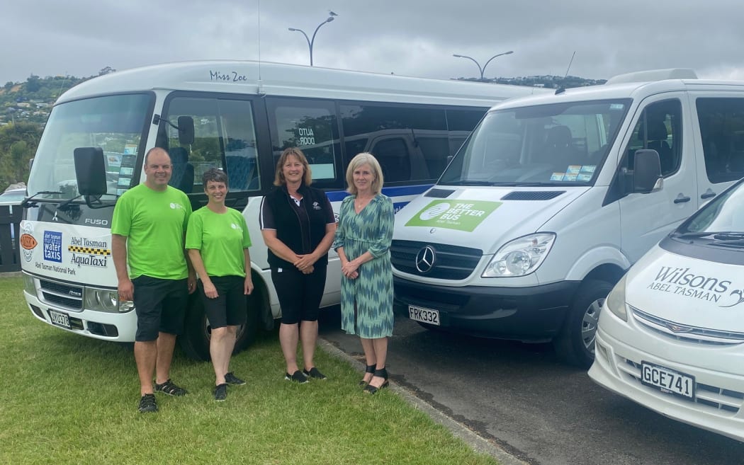 Some of those behind the Better Bus - Zane & Elissa Kennedy of Wine, Art and Wilderness, Wendy King of Wilsons Abel Tasman and Tracee Neilson of Nelson Regional Development Agency.
