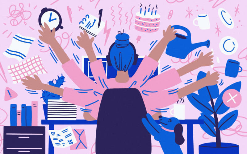 Stylised illustration of woman doing multiple tasks while working