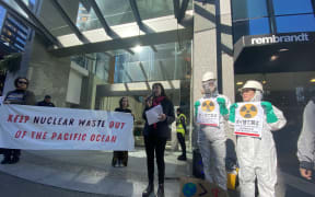 Auckland University sociology lecturer Dr. Karly Burch speaks at Fukushima protest in Auckland, New Zealand.
