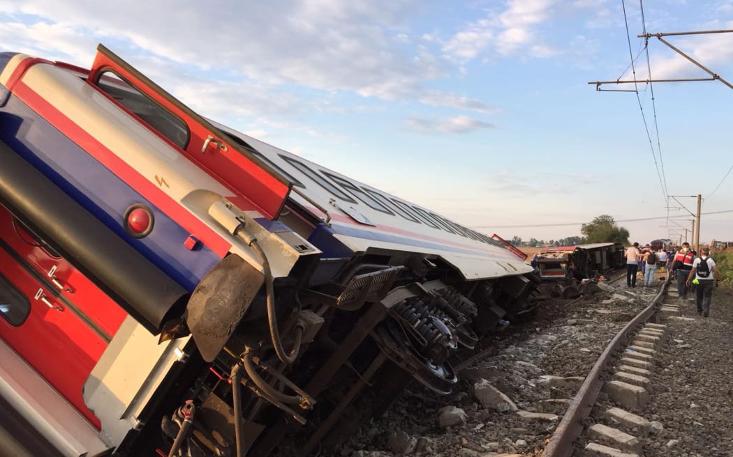 A derailed train following a train accident at Corlu district, in Tekirdag.
Ten people were killed and 73 injured