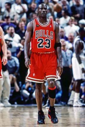 Michael Jordan of the Chicago Bulls during the 1998 NBA Finals game versus the Utah Jazz at the Delta Center in Salt Lake City, Utah. The Bulls won the series 4-2 to take the title.