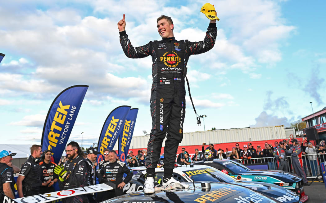 Grove Racing driver Matt Payne celebrates winning race 10 of the V8 Supercar season, Taupo International Motorsport Park, Taupo, Sunday, 13, April, 2025.
Photo: Kerry Marshall / Photosport