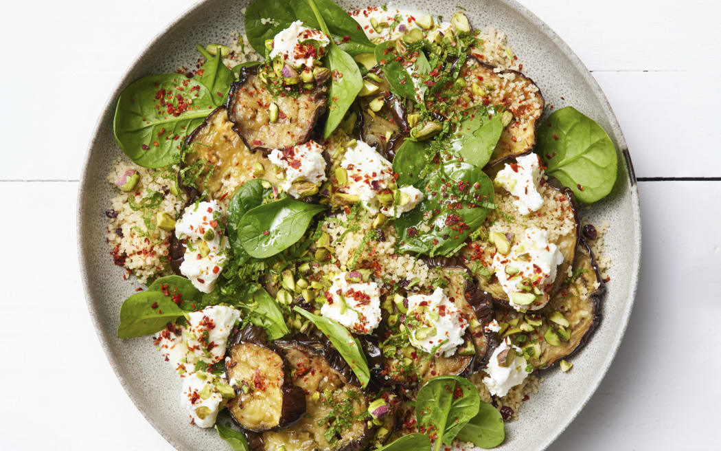 Eggplant, Spinach and Couscous Salad  with Lemony Yoghurt Dressing (