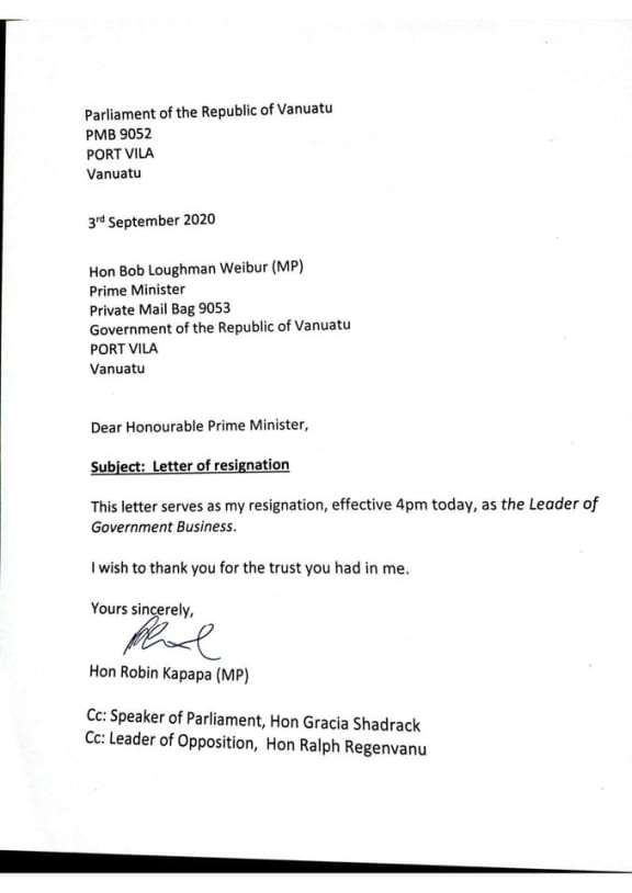 A resignation letter posted on social media by the Vanuatu Opposition group.