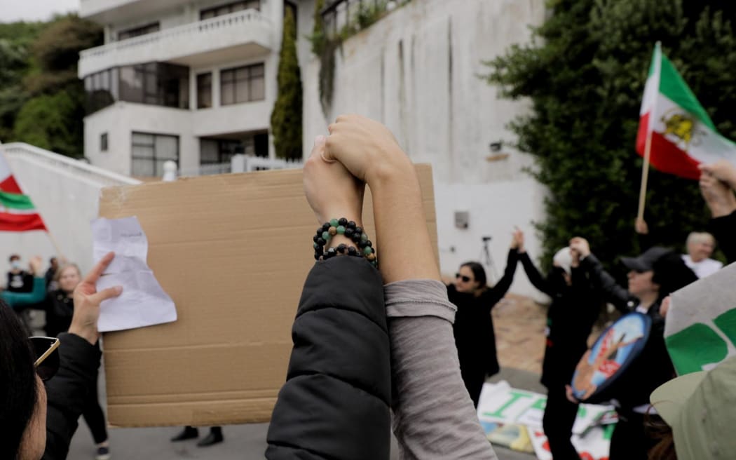 Protesters demonstrate outside the Iranian embassy in Wellington on 28 October, 2022.