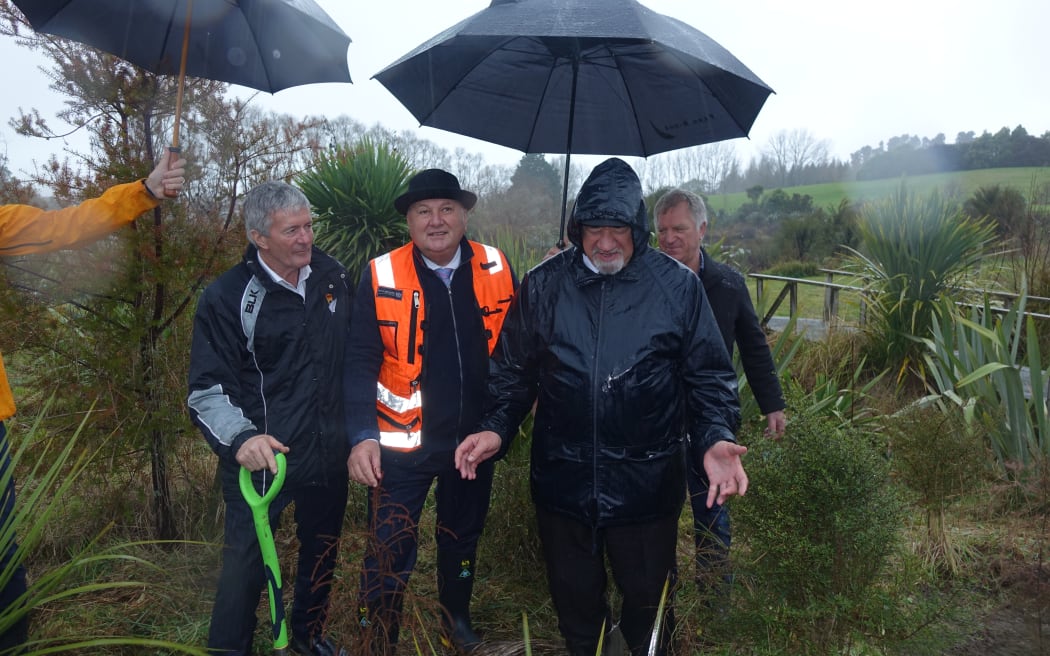 West Coast-Tasman MP and Agriculture Minister Damien O’Connor, Minister of Forestry Shane Jones and Archdeacon Harvey Whakaruru at the planting beside the Waimea Estuary.