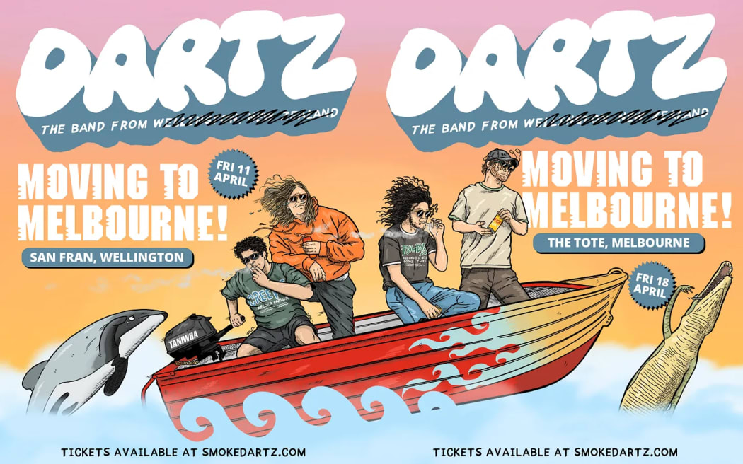 A band poster for the group DARTZ. It shows the band members on a boat, flanked by a crocodile and a Hector's dolphin. The text says "DARTZ - MOVING TO MELBOURNE!" and has show dates in Wellington and Melbourne.
