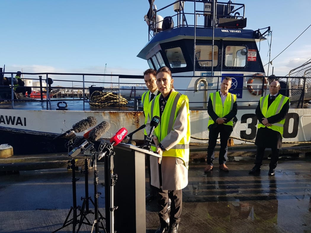 PM Jacinda Ardern and Fisheries Minister Stuart Nash, left,announcing commercial fishing vessels deemed to be at the greatest risk of encountering Māui dolphins will be required to operate with on-board cameras from November.