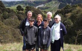 The McDonald family at the canopy edge of the 5000th registered QEII open space covenant, Toby, Charlotte, Hamish, Anna, Alex and Theo.