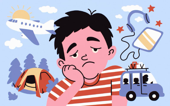 Illustration of a bored child, plane, tent, car, and tablet with headphones.