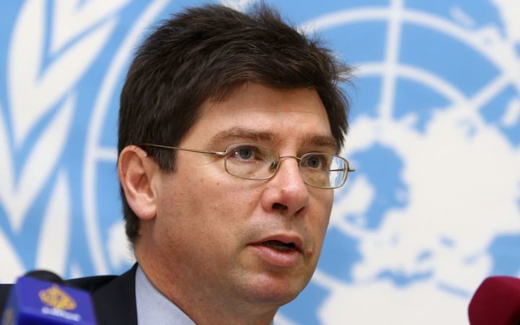 The United Nations Special Rapporteur on the human rights, Francois Crepeau attends a press conference in Doha in 2013