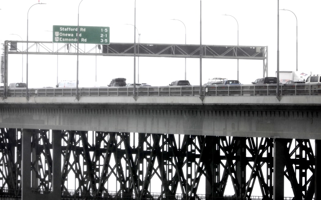 Traffic building up on the Auckland Harbour Bridge ahead of Easter weekend.