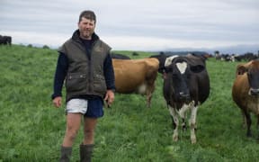 North Otago farmer Tim Richards stands in a field beside some of his cows