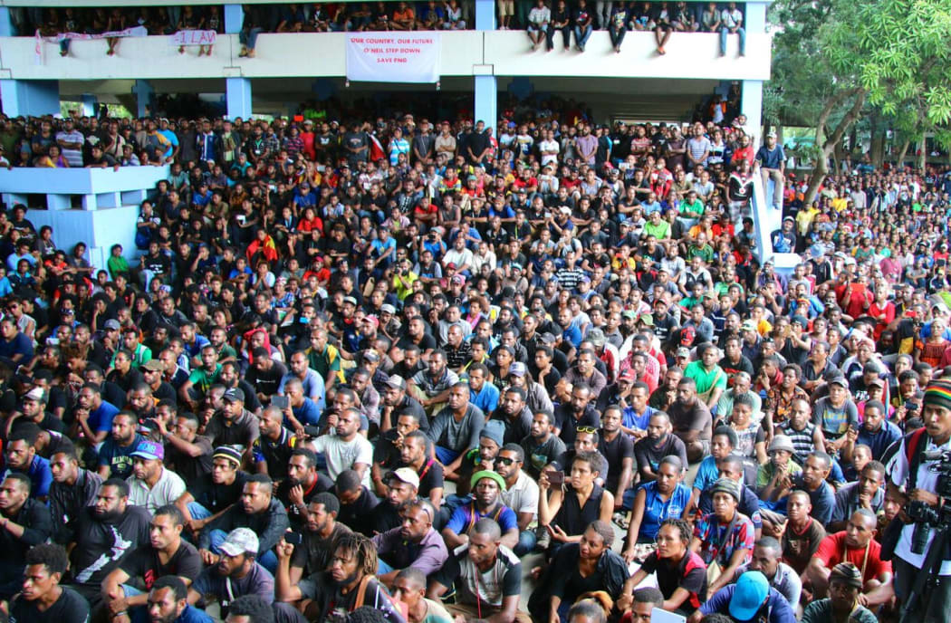 University of Papua New Guinea students gather to discuss their demand for the prime minister's resignation.