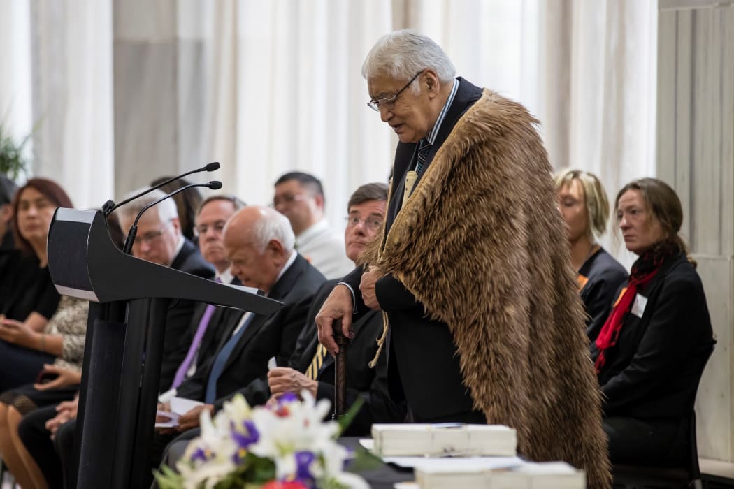 Piranha Prentice from Ahuriri speaks at the signing of the Ahuriri Deed of Settlement at Parliament.