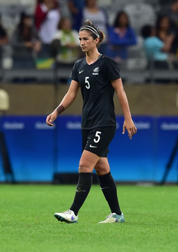 Football Fern captain Abby Erceg in action against Colombia in Brazil, in group play at the 2016 Rio Olympics.