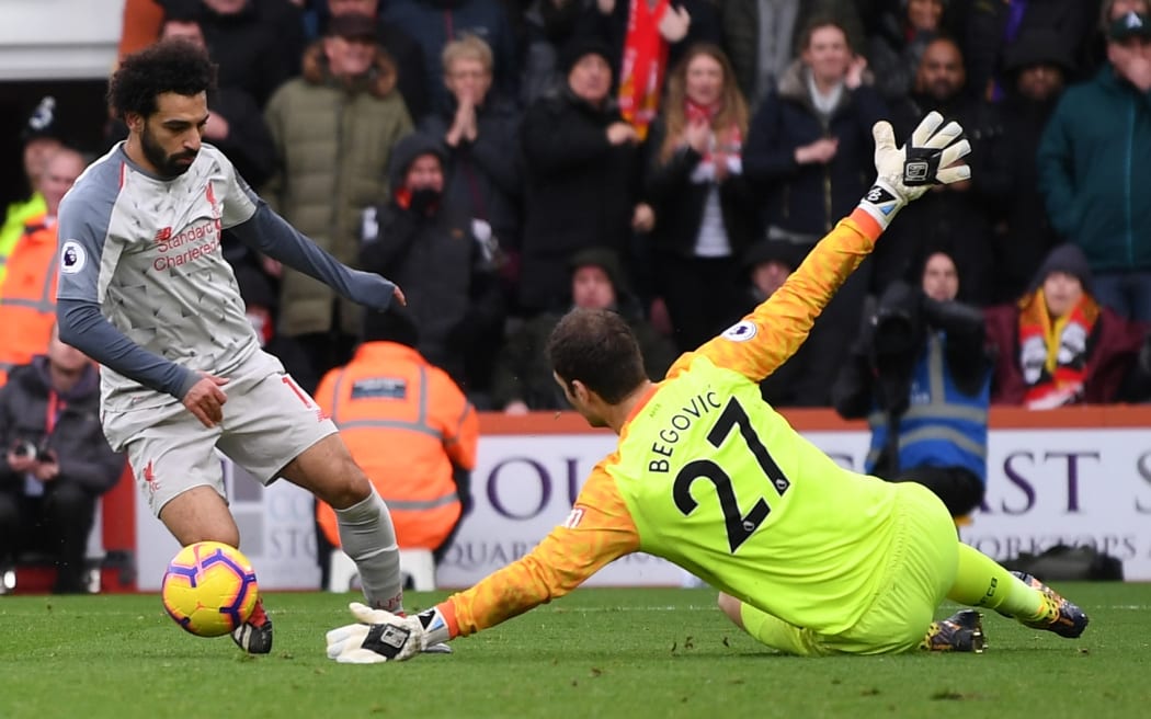 Liverpool's Mo Salah lines up his third goal against Bournemouth