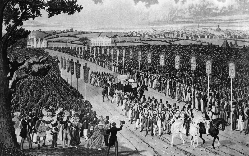 Ruch związkowy: demonstracja na polach Kopenhagi, Londyn, 21 kwietnia 1834 w proteście przeciwko deportacji męczenników z Tolpuddle, robotników rolnych z Dorset deportowanych do Australii 