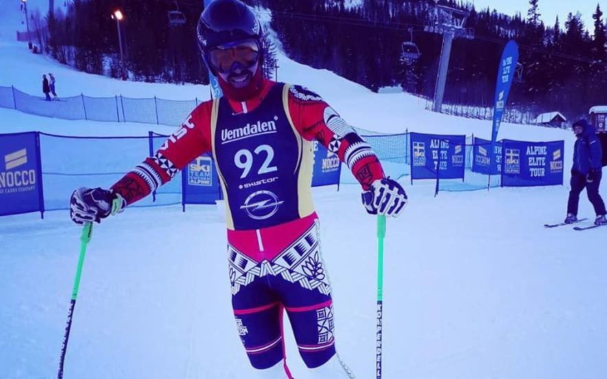 Tongan skier Kasete Naufahu Skeen after his first race back in Klovsjoe, Sweden.