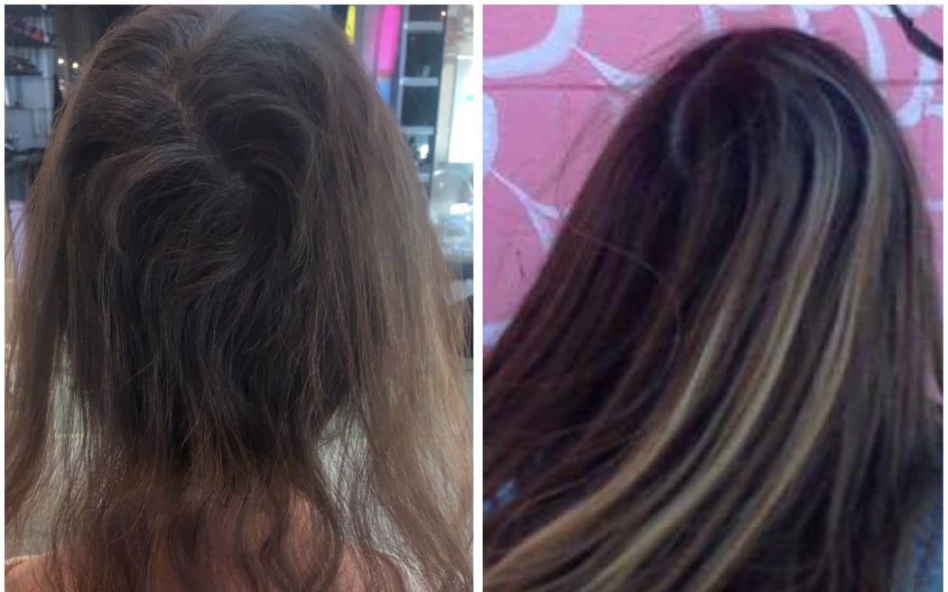 Left is Kirsty at the hairdressers at the end of 2018 getting the last bits chopped off, right is her a year before.