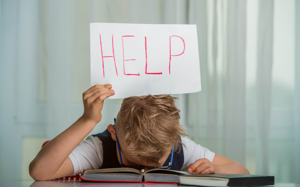 Kid boy sleeping with a textbook over his head and holding a sign with the word Help