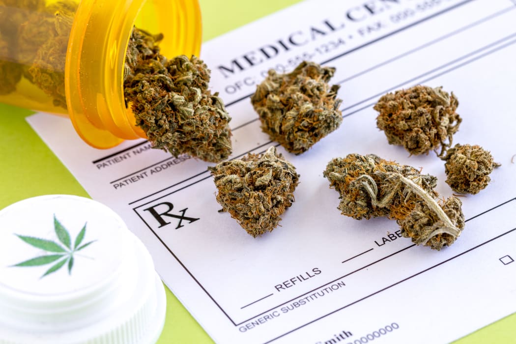 Medical marijuana buds spilling out of prescription bottle with branded lid onto blank medical prescription pad on green background