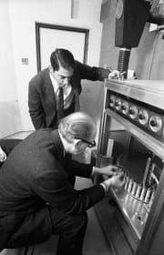 Hans Laube and producer Mike Todd Jr. working with the ’Smell Brain' at the Scent of Mystery premiere.