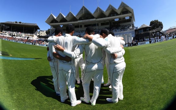 Black Caps huddle ahead of the start of the first test against the West Indies.