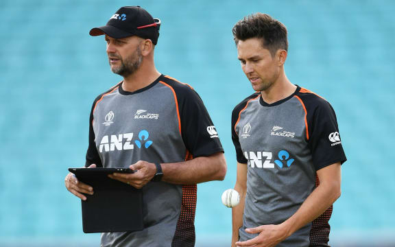 Black Caps bowling coach Shane Jurgensen works with Trent Boult.
