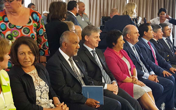 Politicians, including Prime Minister Bill English (third from left), at Waitangi.