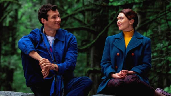 Callum Turner as Luke and Elizabeth Olsen as Joan in the 2025 film, Eternity, directed by David Freyne.