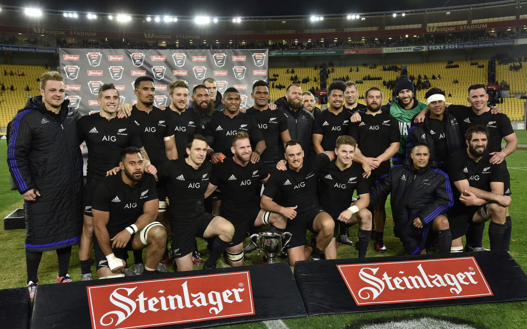 The All Blacks after a Test match with Wales in 2016.
