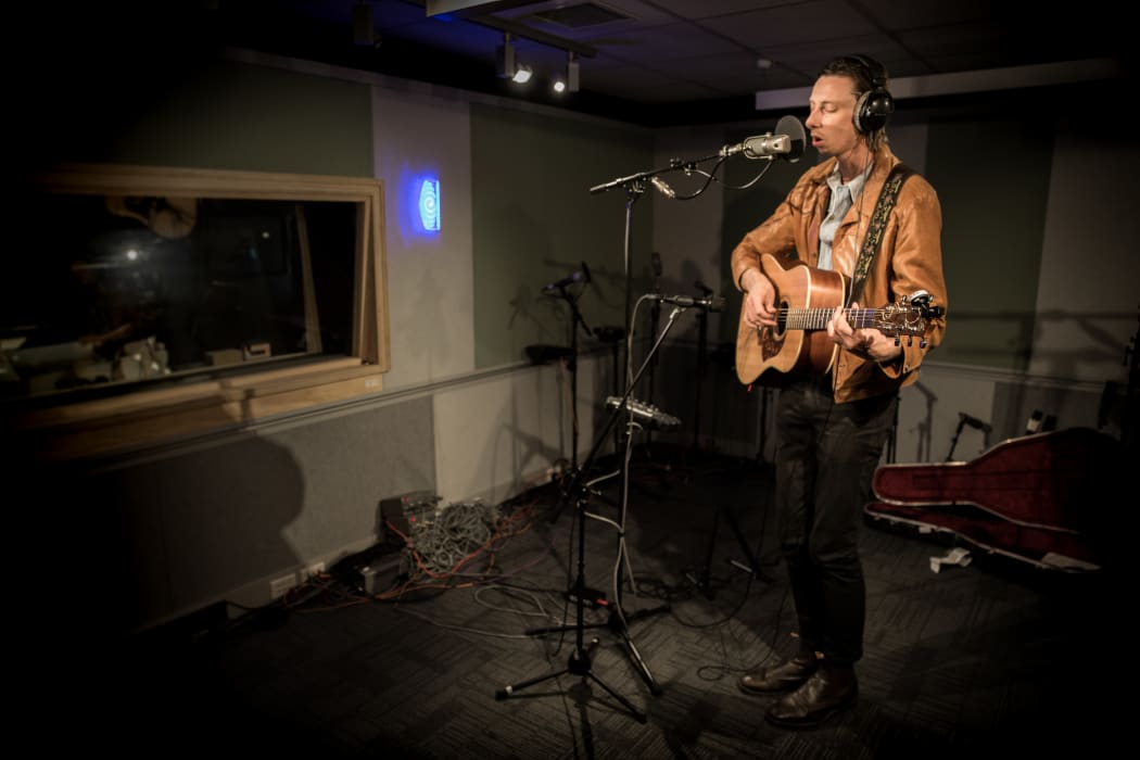 Musician Stan Woodhouse, aka Skyscraper Stan, in the RNZ Auckland studios. 2 November 2017.