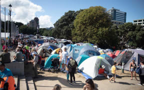 Anti-vaccine, anti-mandate protest in Wellington on Parliament grounds on 16 February 2022.