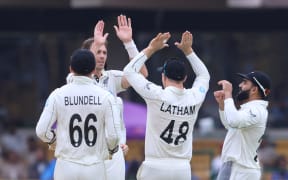 New Zealand players celebrates the wicket of Rohit Sharma in the first test match against India at Bengaluru, India, October 17, 2024. 

Photo by Vipin Pawar/ Sportzpics for BCCI