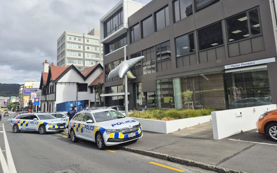 Armed police on Ghuznee Street in the central Wellington suburb of Te Aro.