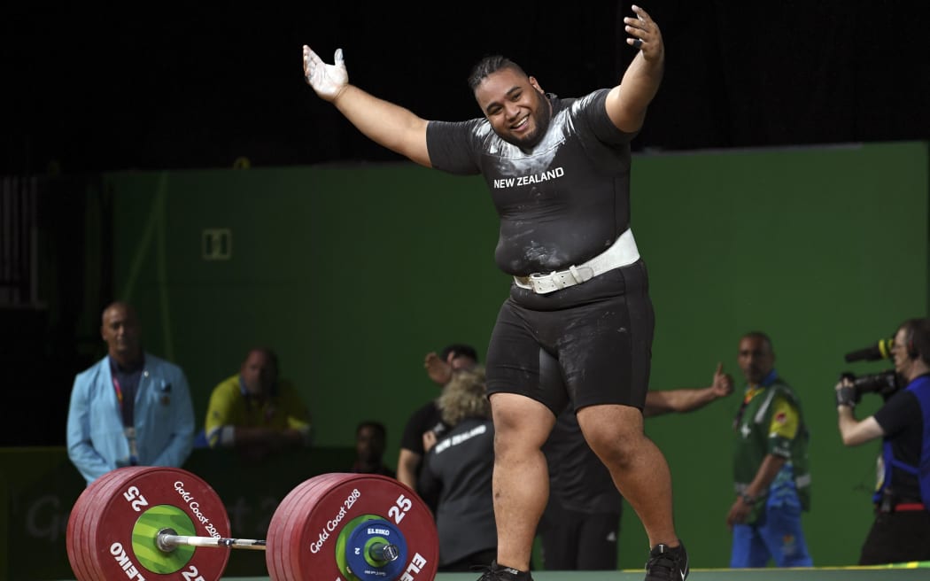 David Liti of New Zealand celebrates on the way to winning his gold medal in the men's +105kg weightlifting final at the 2018 Gold Coast Commonwealth Games on April 9, 2018.