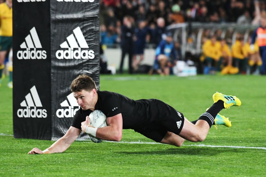 Beauden Barrett crosses the Eden Park whitewash.