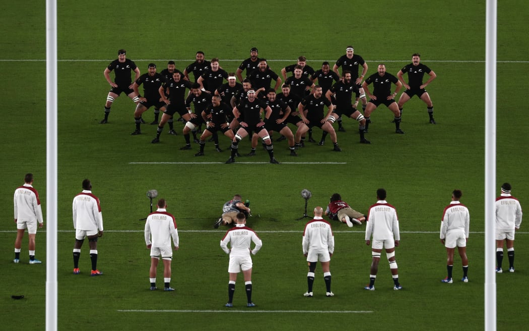 The All Blacks perform the haka before the Rugby World Cup semi-final match between England and New Zealand at the International Stadium Yokohama on October 26, 2019.