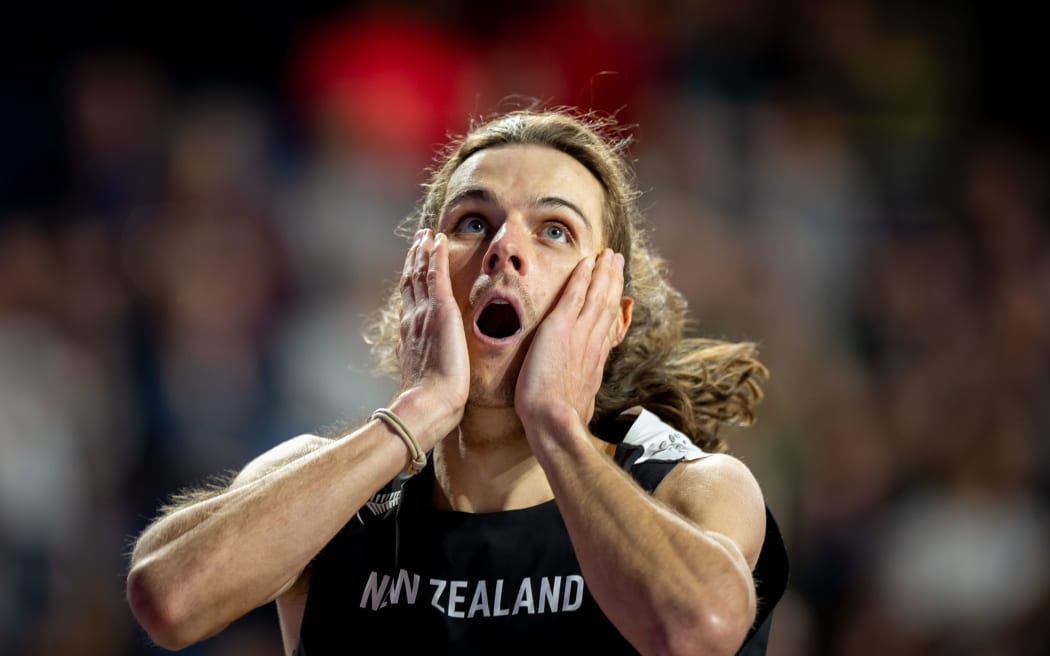 New Zealand’s Geordie Beamish celebrates winning gold, 1500m, World Athletics Indoor Championships, Glasgow