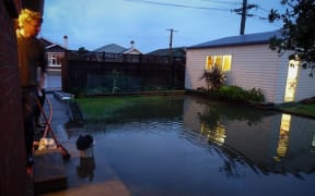 South Dunedin resident Nick Bakehouse shows the water in his backyard.