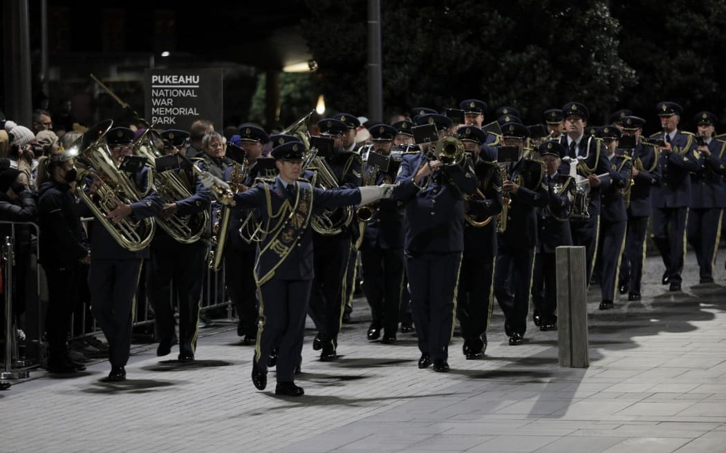 Thousands gather in Wellington at Pukeahu National War Memorial Park for the Anzac Day 2023 dawn service.
Pictured: Royal NZ Air Force Band