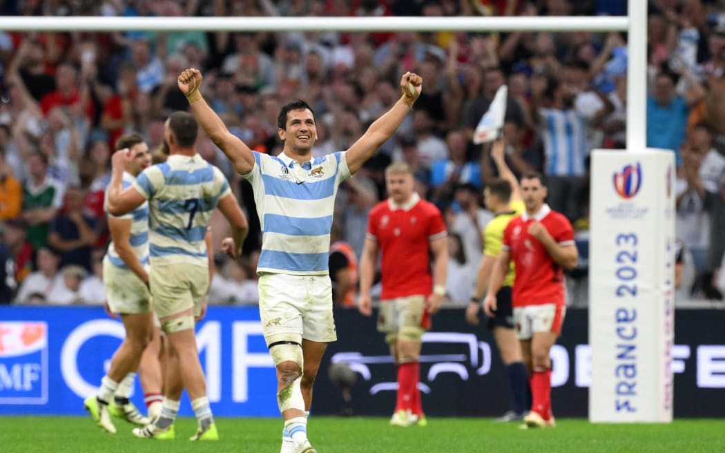 Argentina's centre Matias Moroni celebrates after victory in the France 2023 Rugby World Cup quarter-final match between Wales and Argentina at the Stade Velodrome in Marseille, south-eastern France, on October 14, 2023.