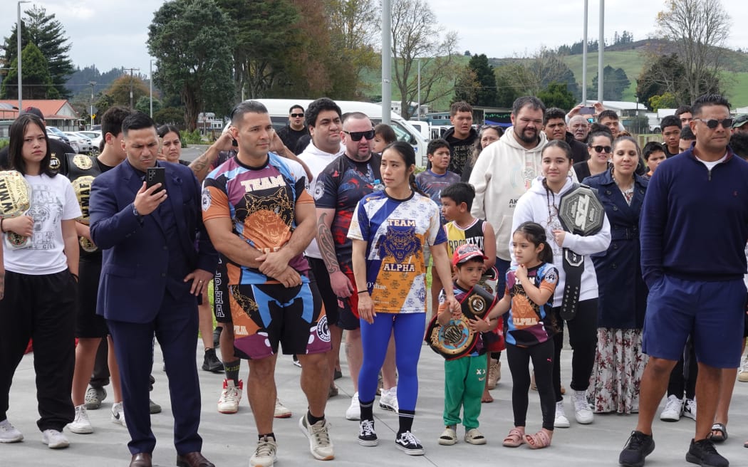 Dhcamad Armstrong is welcomed to Papa Hawaiki sports centre with his wife Izumi and children Yamato and Momoka.