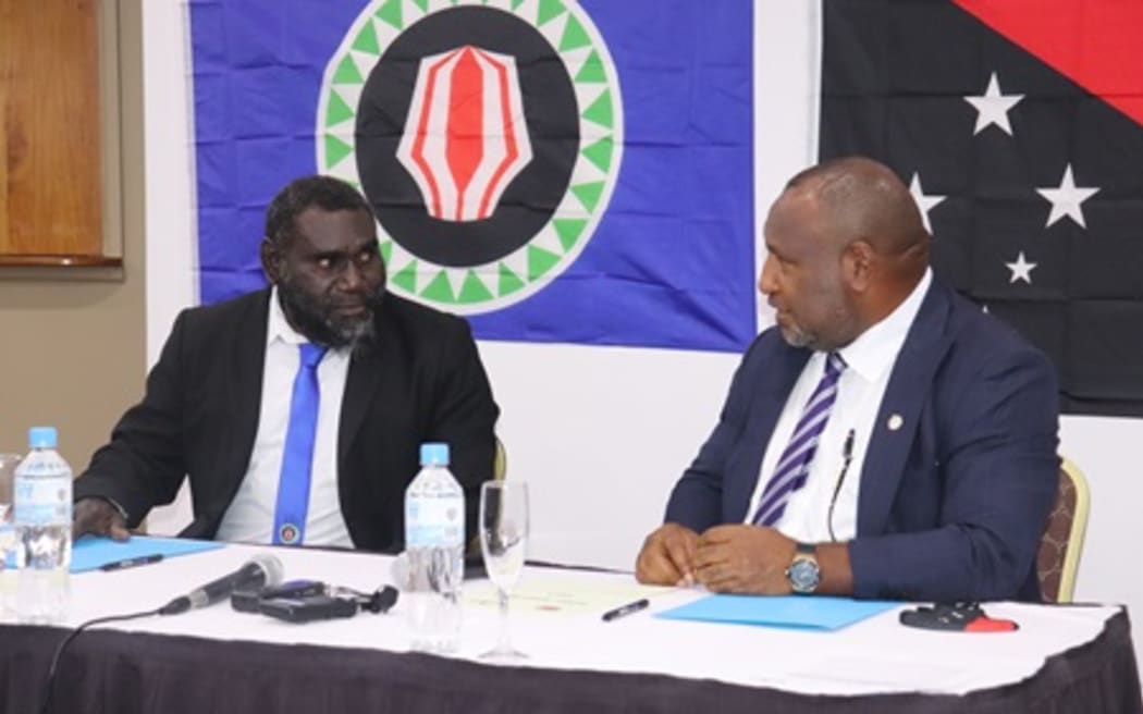 Bougainville President Ishmael Toroama, left, and PNG Prime Minister James Marape confirm the appointment of New Zealand Governor General, Sir Jerry Mateparae. 10 September 2024