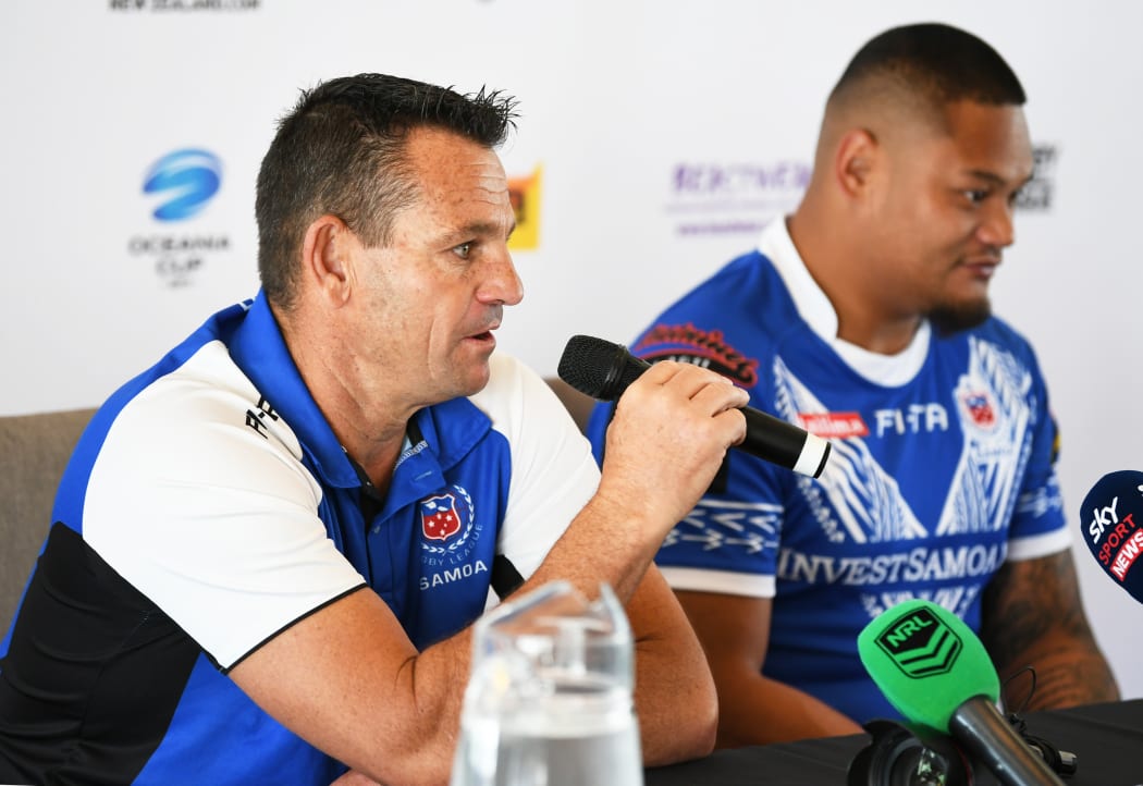 Samoa Coach Matt Parish, (foreground), and his captain Joey Leilua