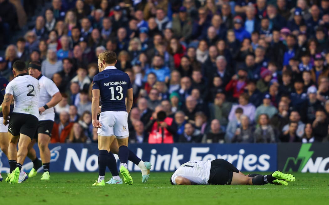 Caleb Clarke lays during the Scotland v All Blacks test at Murrayfield.