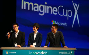 Hayden Do, Jason Wei, and Chris Duan at the Worldwide Imagine Cup finals.A fourth team member remained in NZ.
